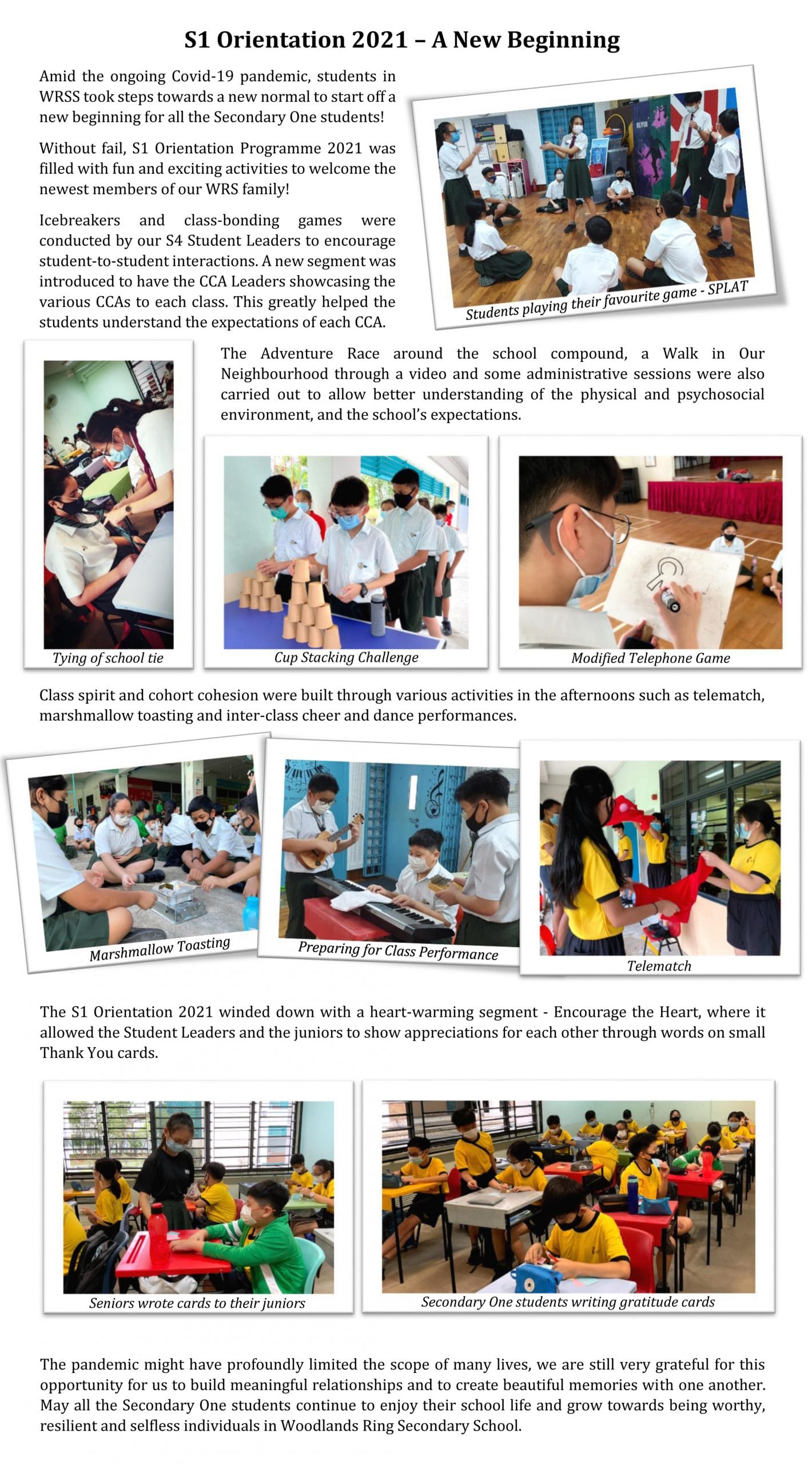 A school newsletter showing S1 Orientation 2021 activities including games, cup stacking, marshmallow toasting, and writing gratitude cards.